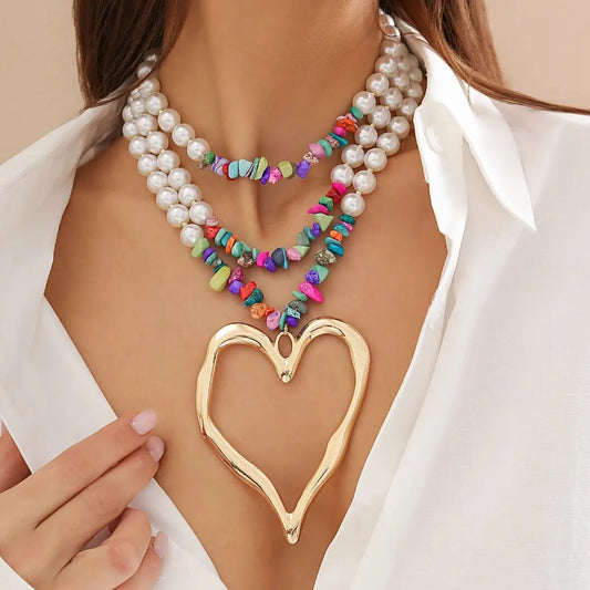 Elegant Gothic Love Heart Pendant Choker Necklace for Women with Multilayer Imitation Pearl Chain