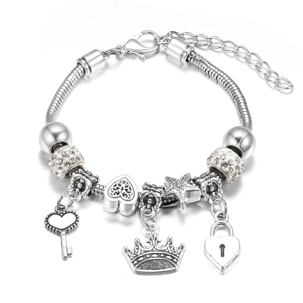 Elegant Heart Lock Charm Beaded Bangle Adjustable Snake Chain Bracelet for Women
