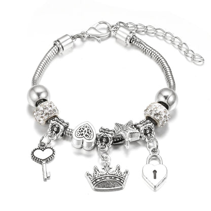 Elegant Heart Lock Charm Beaded Bangle Adjustable Snake Chain Bracelet for Women