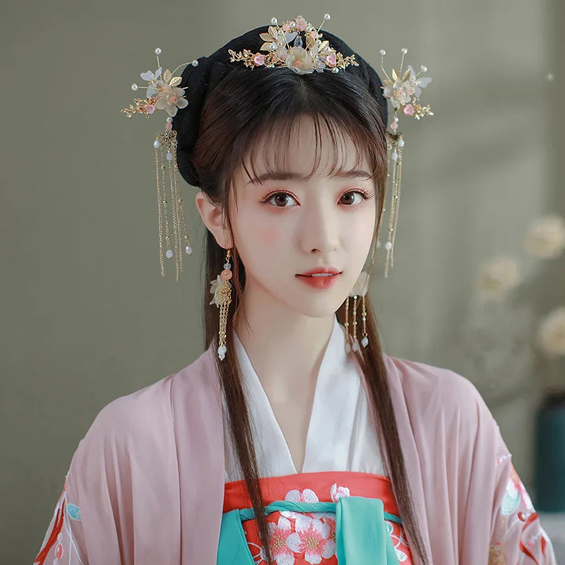 Elegant Gold Red Floral Pearl Long Tassel Hairpins Bridal Chinese Wedding Headpiece