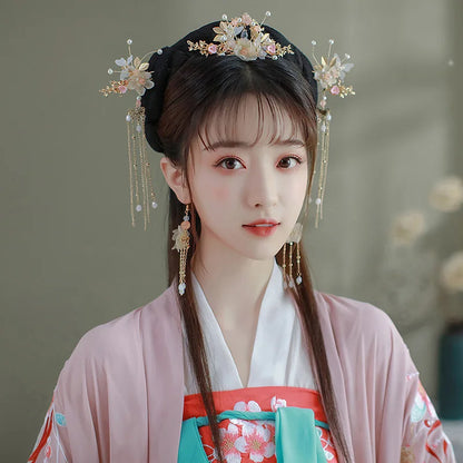 Elegant Gold Red Floral Pearl Long Tassel Hairpins Bridal Chinese Wedding Headpiece