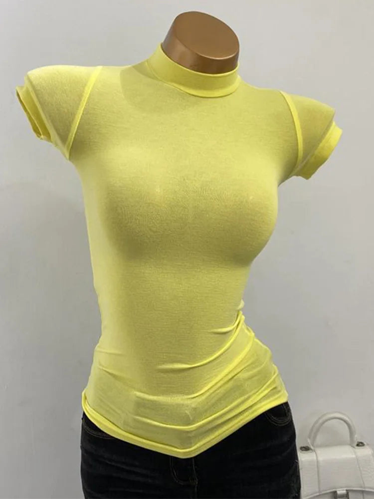 Korean Half High Collar Sheer Slim Short Sleeve Tee