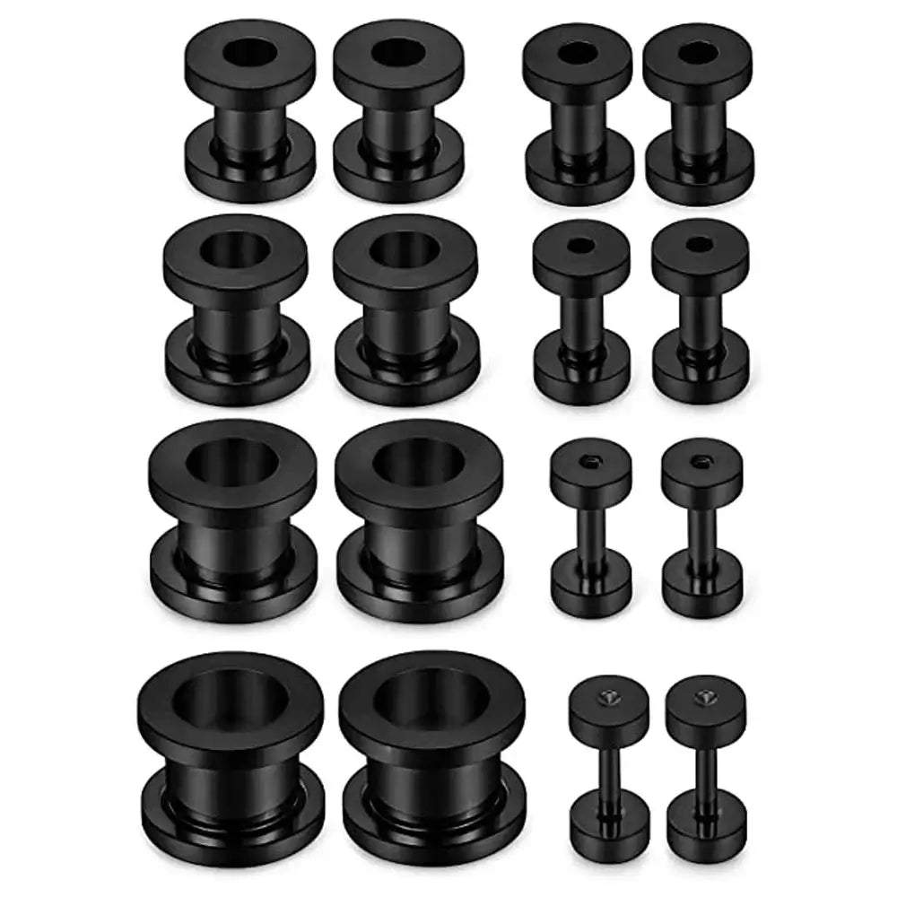 Screw Fit Ear Gauges Surgical Steel Tunnel Expander Earrings Set Black