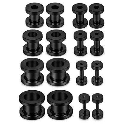 Screw Fit Ear Gauges Surgical Steel Tunnel Expander Earrings Set Black