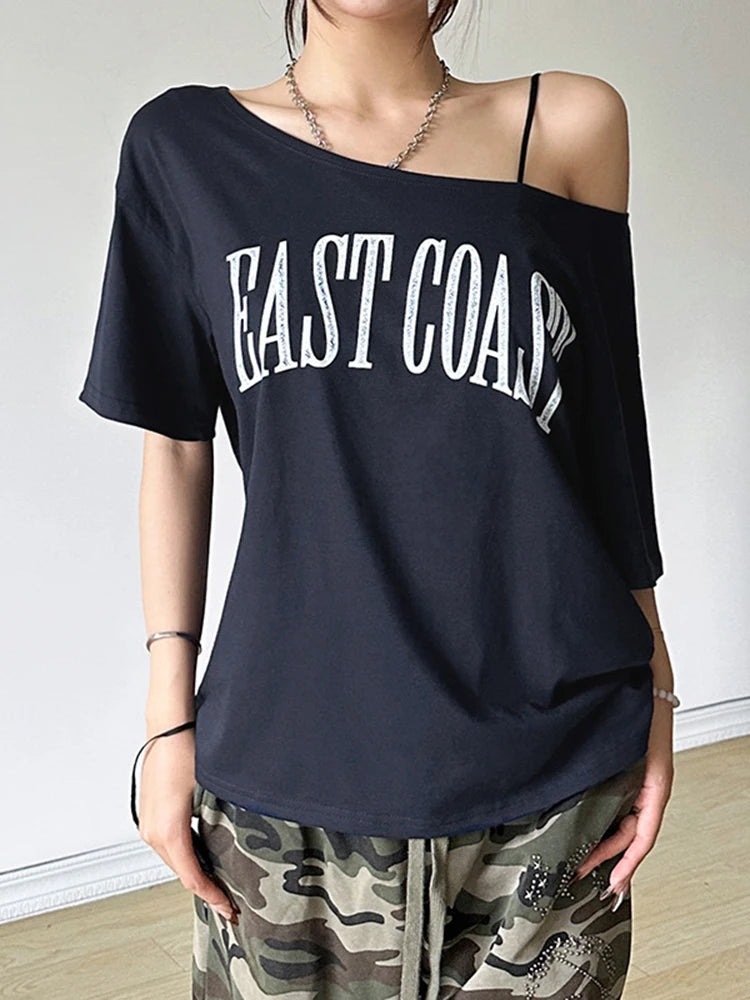 Off Shoulder Letter Print Tee Women Casual Summer Top