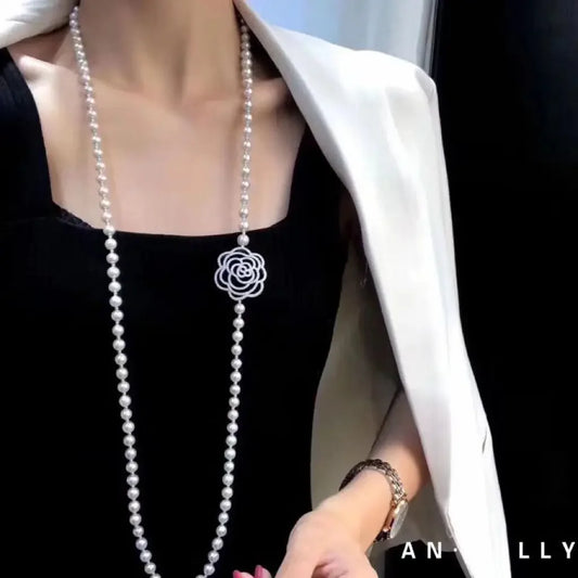 Luxury Camellia Pearl Necklace Long Versatile Sweater Chain for Women