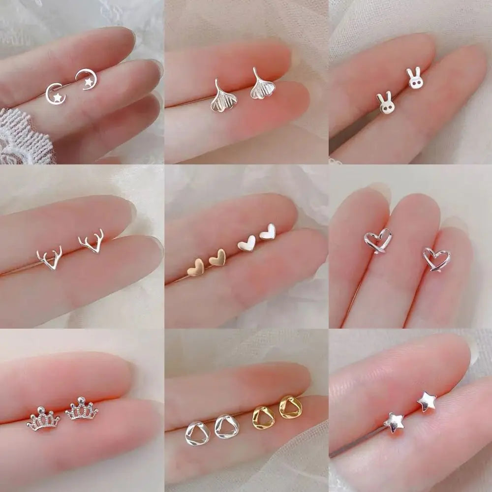 925 Silver Mini Stud Earrings for Women Heart Star Butterfly Dinosaur Design