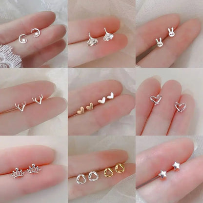 925 Silver Mini Stud Earrings for Women Heart Star Butterfly Dinosaur Design