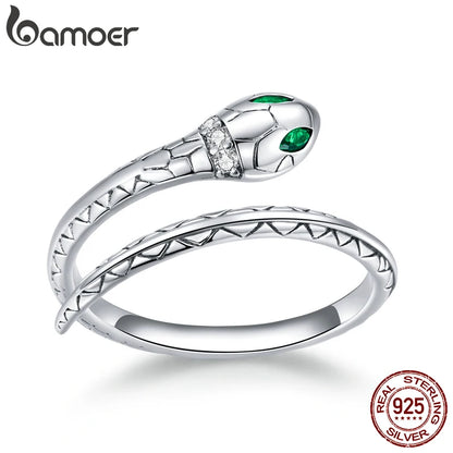 Bamoer Vintage Sterling Silver Snake Ring Adjustable Open Design for Women