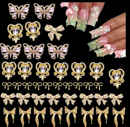 80Pc Gold 3D Nail Charms Kit Crown Butterfly Cross Crystal