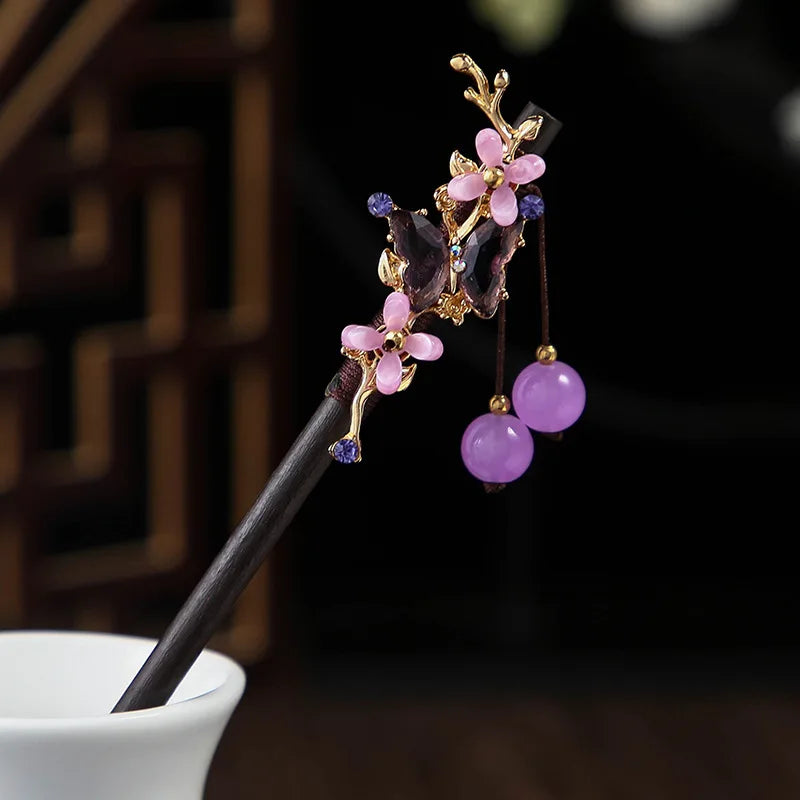 Vintage 2024 Wooden Hair Stick With Tassel Chinese Winding Flower Hairpin