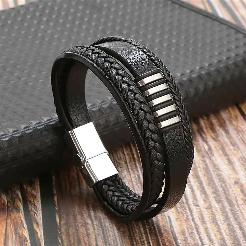 Men's Leather Bracelet with Stainless Steel Tree of Life Charm - Stylish Multi-Layer Fashion Accessory
