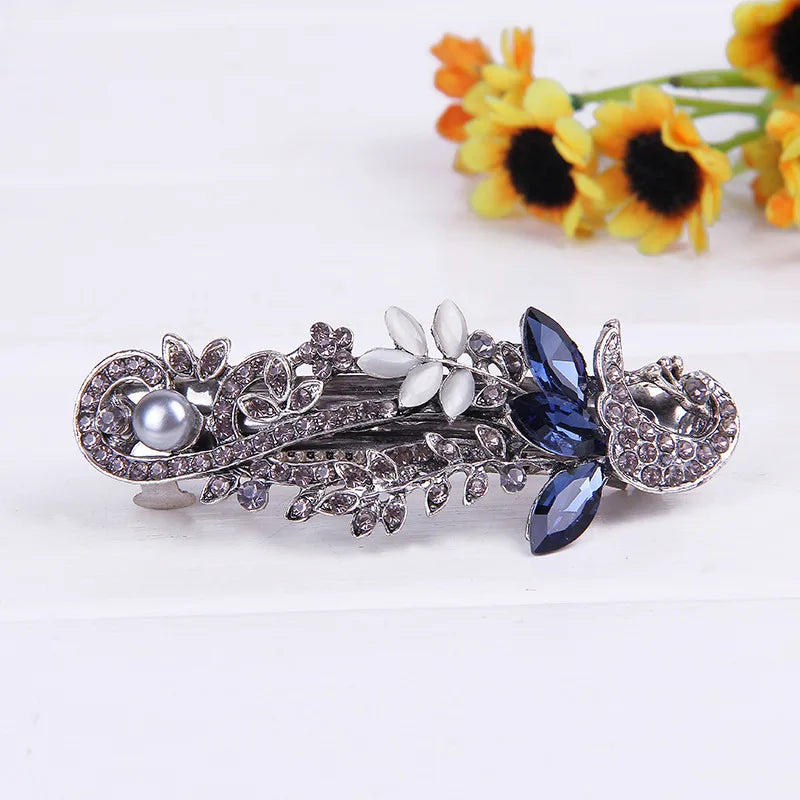 Elegant Red Crystal Flower Bow Hairpin With Vintage Blue Rhinestones