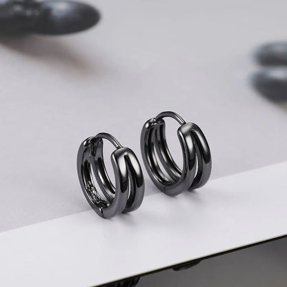 Hollow Double Ring Small Hoop Earrings for Men and Women - Trendy Black Silver Hip Hop Gothic Ear Jewelry