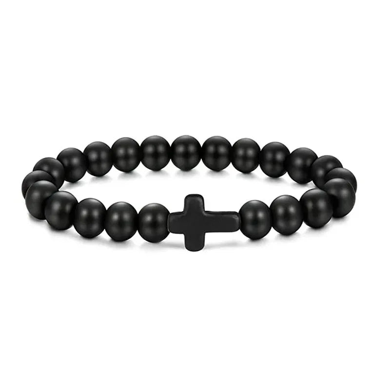 Men's Hematite Cross Bracelet with Natural Stone and Wood Beads for Meditation and Yoga Matte