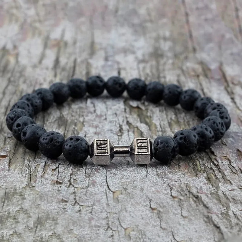 Unisex Volcanic Lava Stone Dumbbell Bracelet for Fitness and Fashion