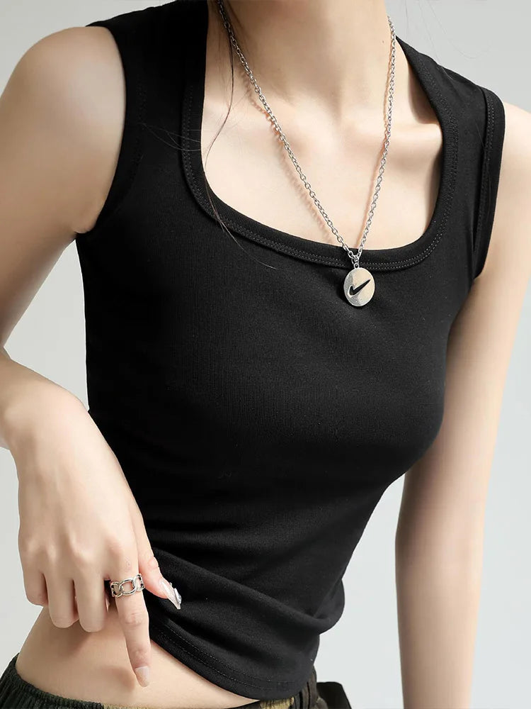 Women Ribbed U Neck Tank Top Cotton Blend Basic Summer