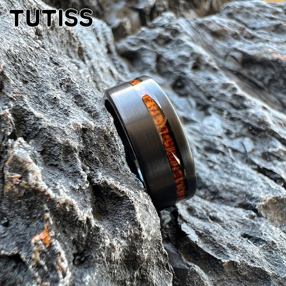 TUTISS Tungsten Couple Ring with Real Wood Inlay and Comfort Fit Wedding Band