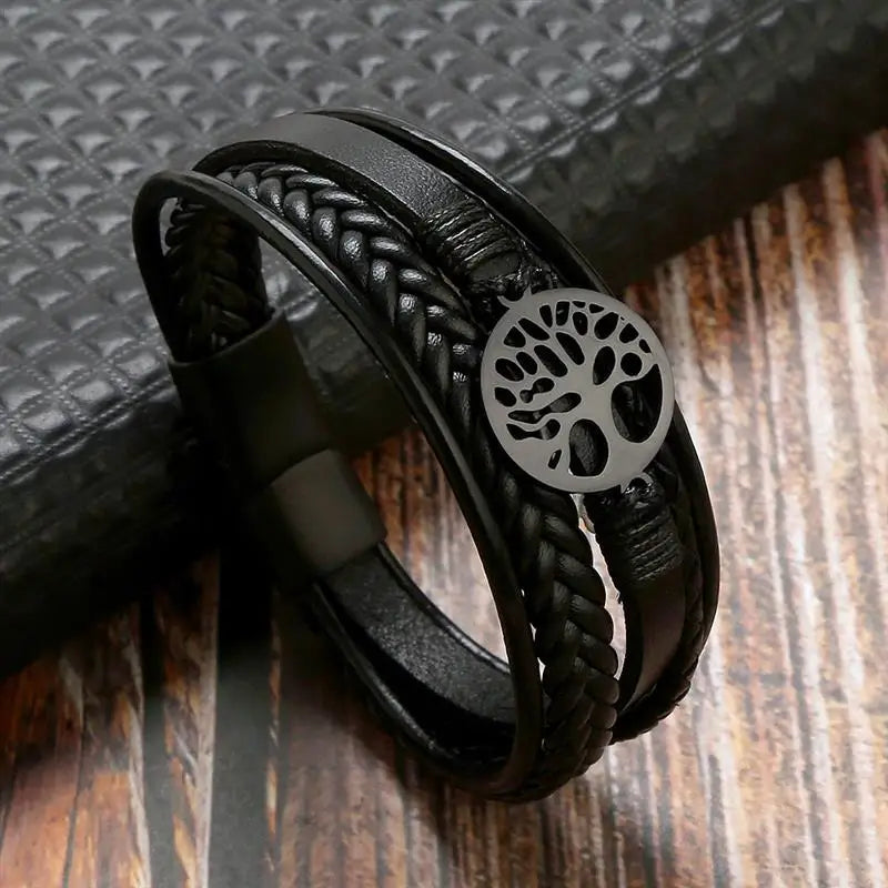 Men's Leather Bracelet with Stainless Steel Tree of Life Charm - Stylish Multi-Layer Fashion Accessory