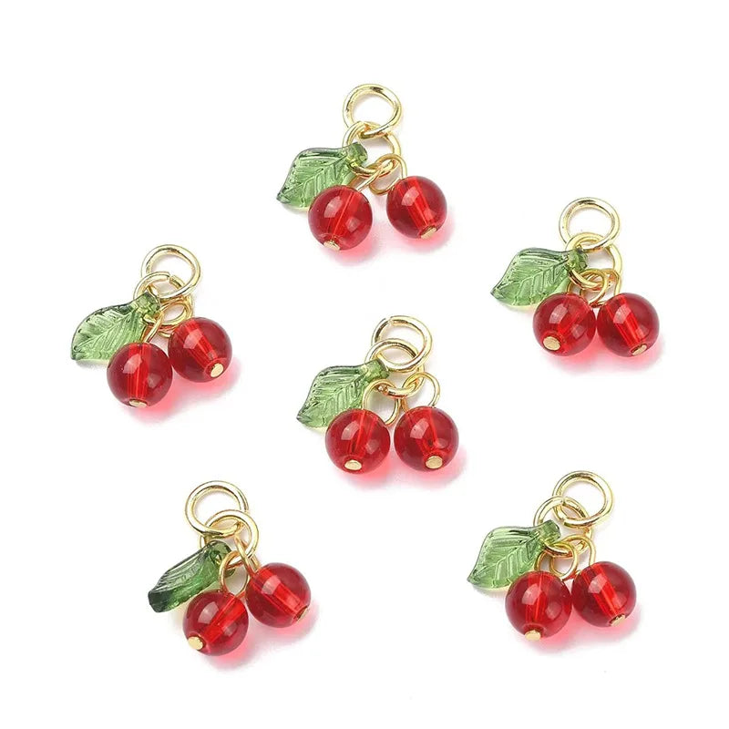 Acrylic Red Cherry Charms 3D Fruit Pendants for DIY Jewelry Making 18mm 10-Pack