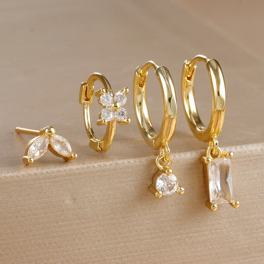 4PCS Luxury Flower Square Earrings Set for Women and Girls in Stainless Steel with Zircon Cartilage Piercing Hoop Design