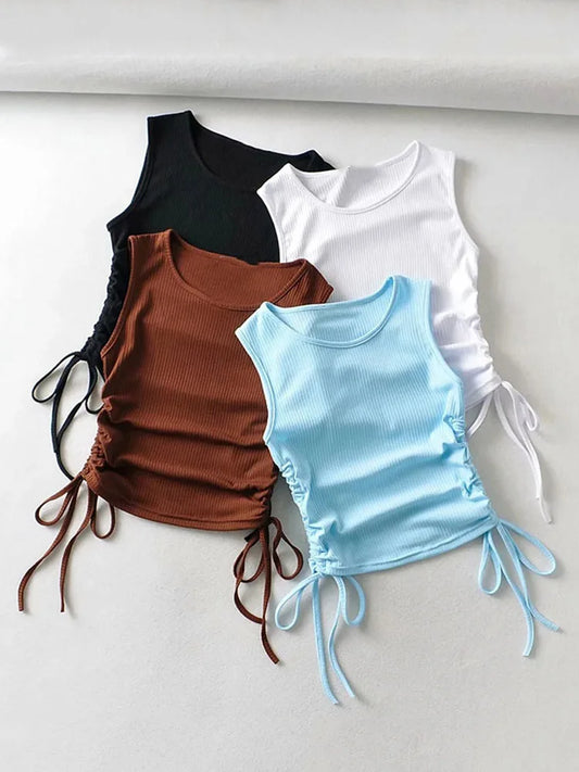 2025 Summer Women Solid Crop Top With Side Club Strings