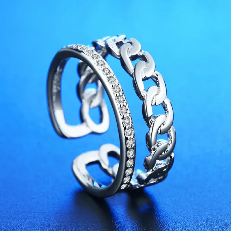 Elegant 925 Sterling Silver Heart Zircon Adjustable Ring for Women