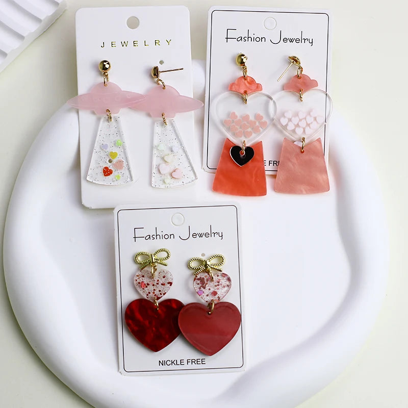 Valentine's Day Pink Heart UFO Gashapon Earrings for Women - Cute Acrylic Drop Spaceship Jewelry Gift