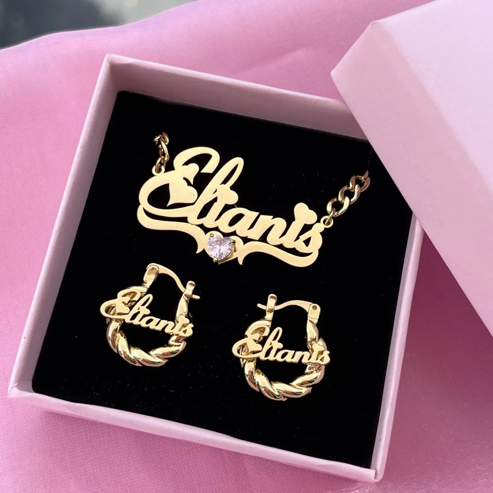 Duoying Personalized Heart Jewelry Set for Children Stainless Steel Nameplate Necklace and Mini Hoop Earrings
