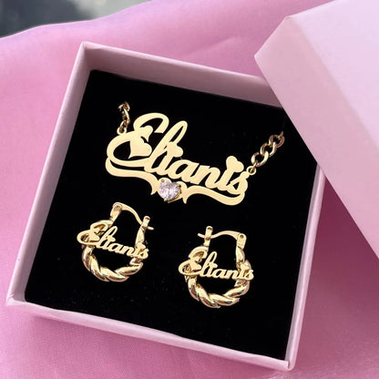 Duoying Personalized Heart Jewelry Set for Children Stainless Steel Nameplate Necklace and Mini Hoop Earrings
