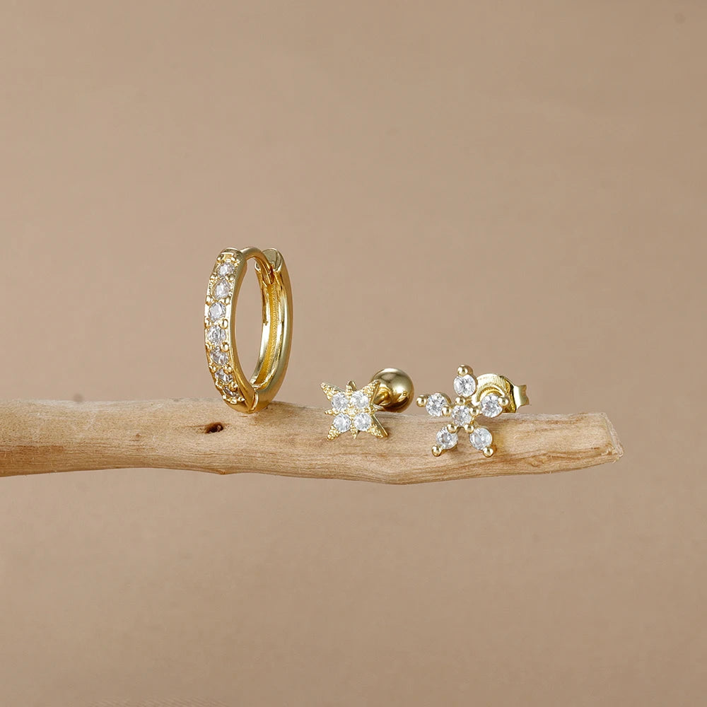 3PCS 18K Gold Plated Stainless Steel Zircon Flower Hoop Earrings Set for Women Trendy Wedding Jewelry