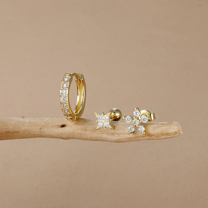 3PCS 18K Gold Plated Stainless Steel Zircon Flower Hoop Earrings Set for Women Trendy Wedding Jewelry
