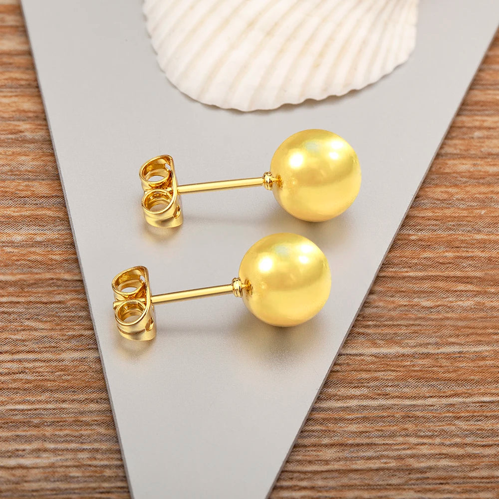 Nidin Simple Fashion Gold Ball Shape Stud Earrings Available in 6MM 8MM 10MM 12MM Perfect for Women and Girls