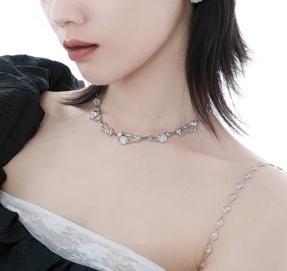 Y2K Moonstone Necklace with Star Tassels Pendant Zircon Chain for Women Girls Trendy Party Jewelry Gift