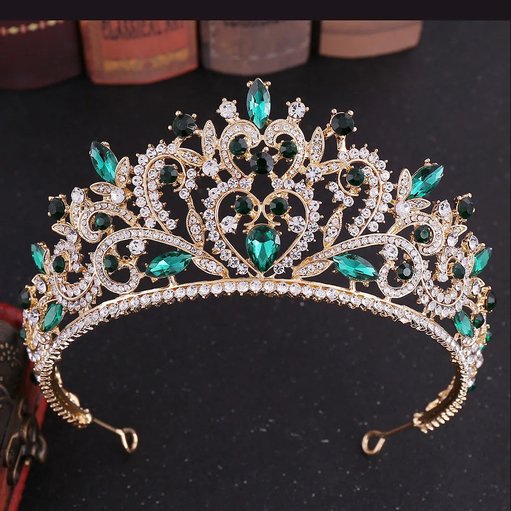 Baroque Luxe Green Crystal Bridal Tiara - Top-Rated Flower Headpiece for Weddings Style M Gold Green