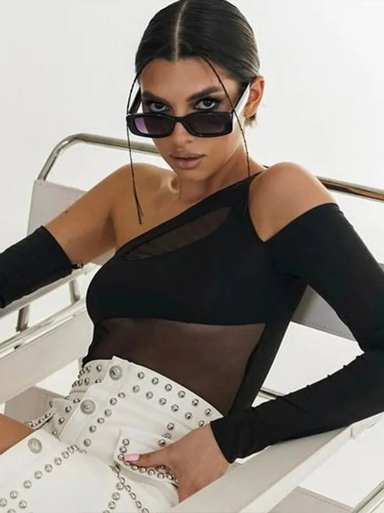 Hollow Out Mesh Bodysuit Women Off Shoulder Gothic Style