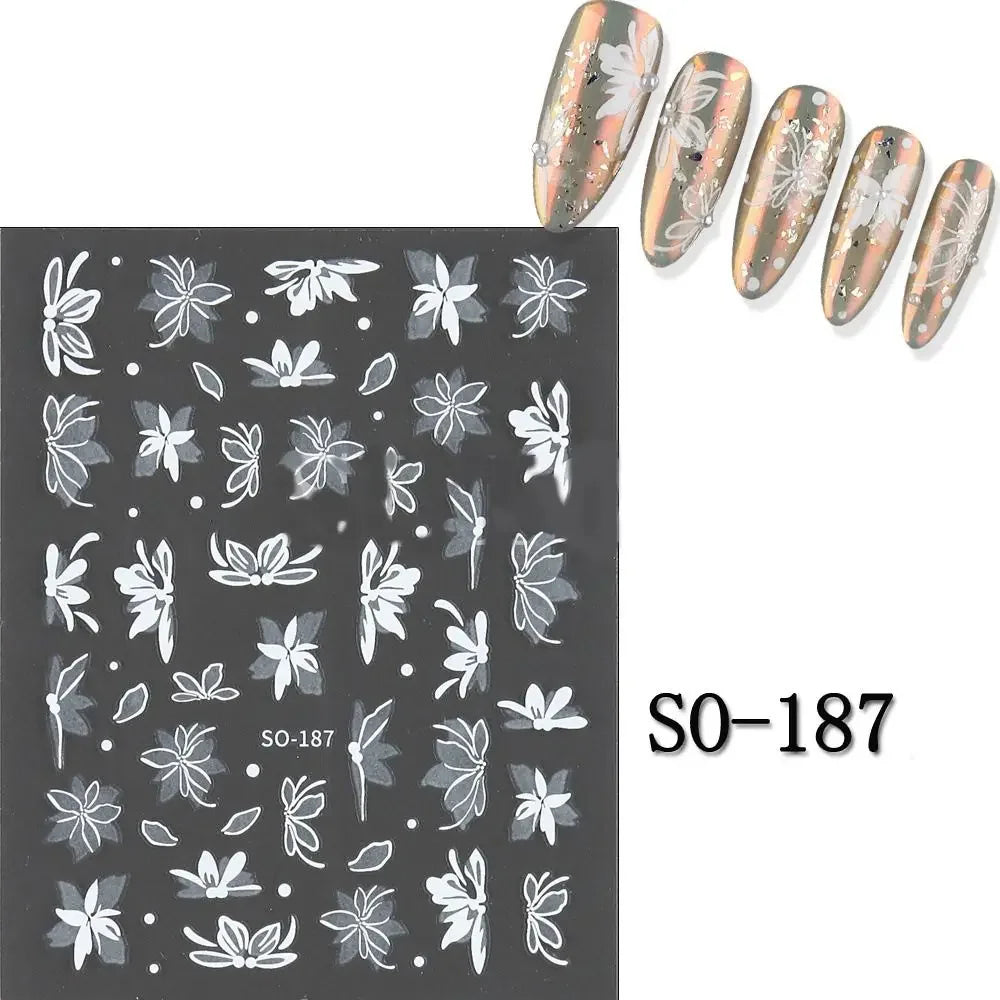 Elegant Black White Floral 3D Nail Art Stickers - Charming Petal Adhesive for DIY Manicure