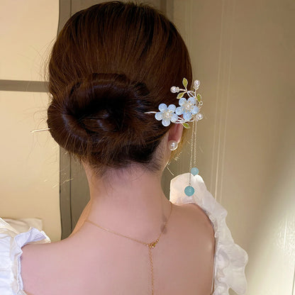 Elegant Gold Red Floral Pearl Long Tassel Hairpins Bridal Chinese Wedding Headpiece