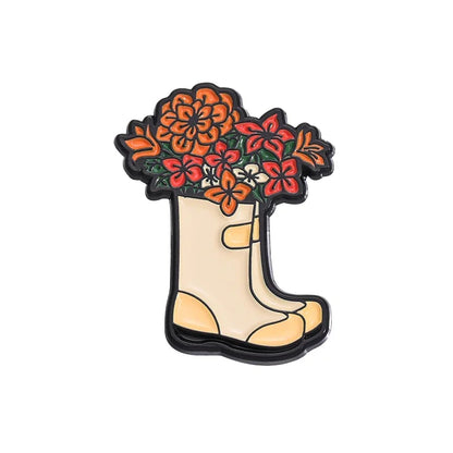 Whimsical Break Enamel Pin Set with Floral Bicycle and Watering Can Designs for Backpacks and Parties