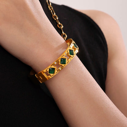 Vintage Gold Plated Stainless Steel Bracelet with Red Glass Bangle Charm Luxury Jewelry Gift for Women