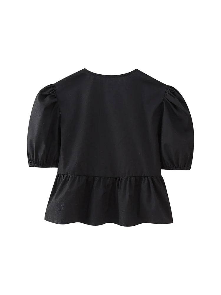 Hollow Lace Up O Neck Short Sleeve Blouse Chic For Women