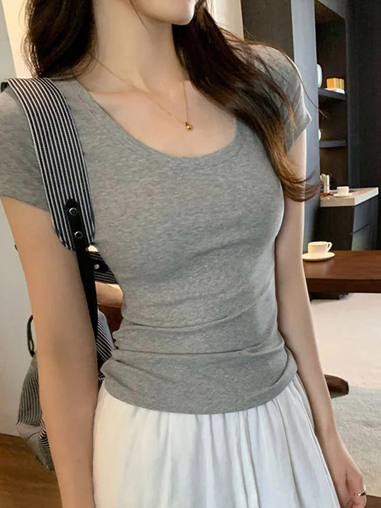 2025 Womens Slim Cotton O Neck Summer Tee Y2K Basic