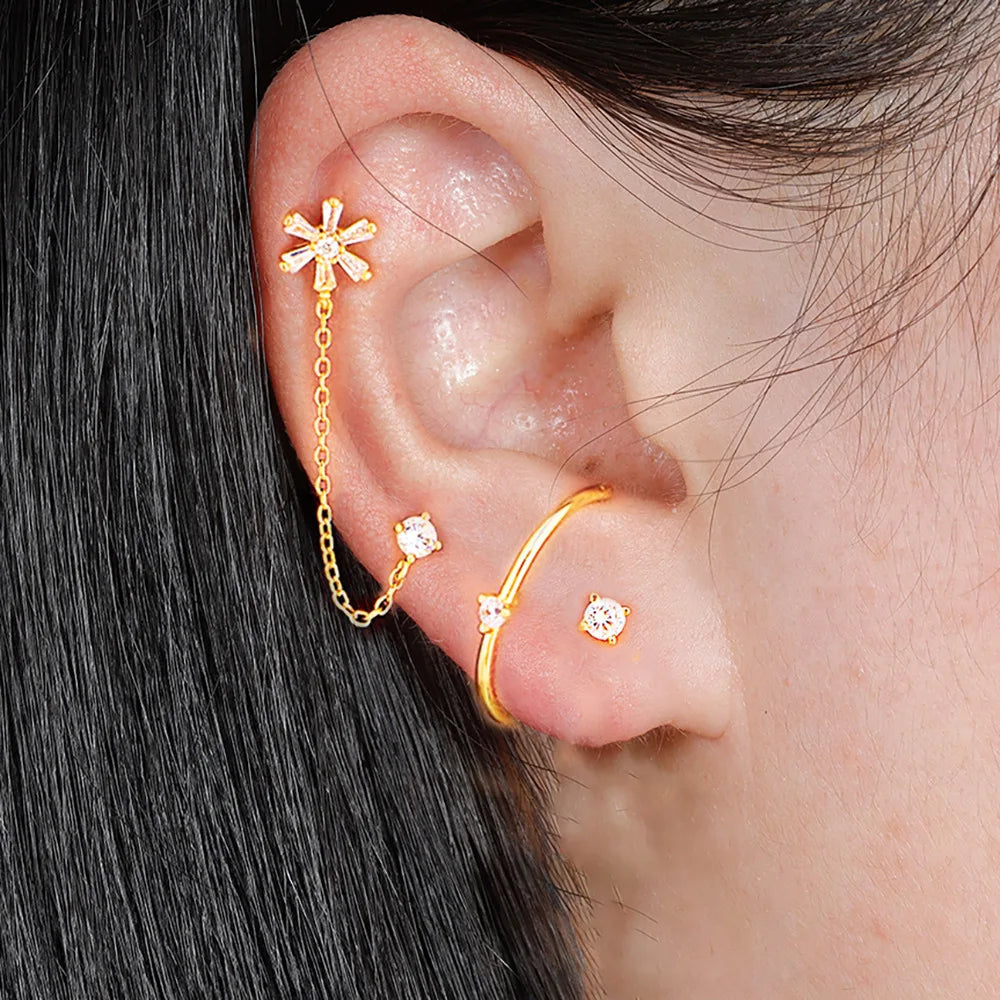 3PCS Gold-Plated Stainless Steel Stud Earrings Set for Women with Zircon Cartilage Piercing Fashion Jewelry