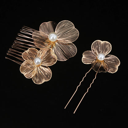 Bridal Bliss Flower Pearl Hair Comb Pins - 2PCS Wedding Accessories Comb Pin Gold