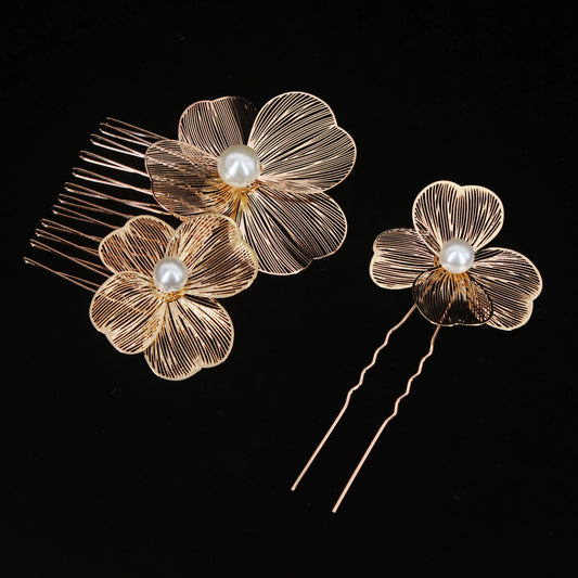 Bridal Bliss Flower Pearl Hair Comb Pins - 2PCS Wedding Accessories Comb Pin Gold
