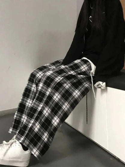 Plaid Black White Wide Leg Pants For Women Retro Streetwear