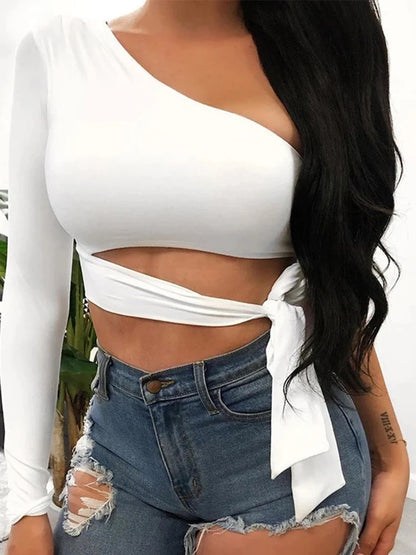 Women One Shoulder Bow Tie Elastic Crop Top Club Wear