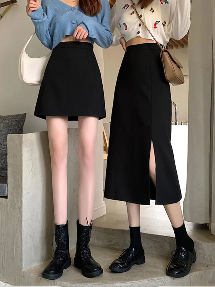 Black Mid Calf A Line High Waist Korean Skirt Women