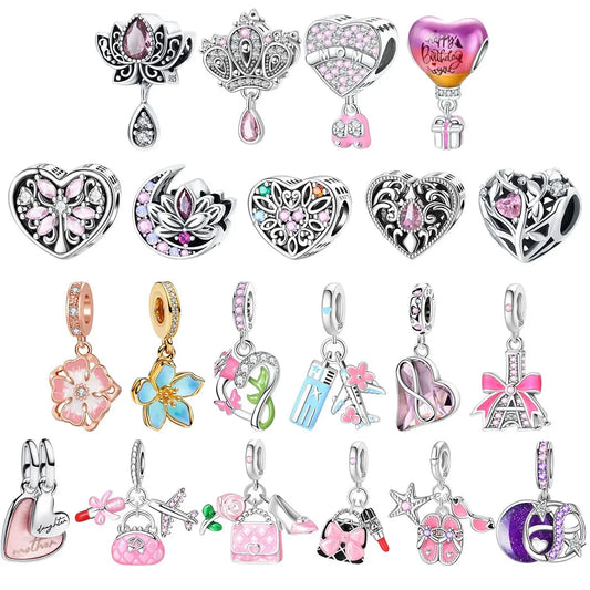 Sterling Silver Pink Blossom Dangle Charm with Butterfly Heart Flower Rose and Bird Bead for DIY Necklace and Bracelet Jewelry