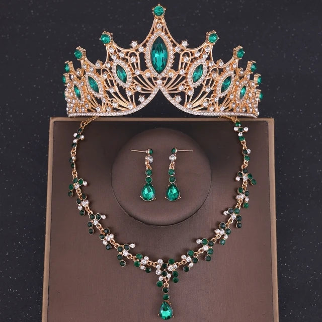 Baroque Crystal Tiara & Crown Jewelry Set - Top-Rated Rhinestone Bridal Accessories Green 1